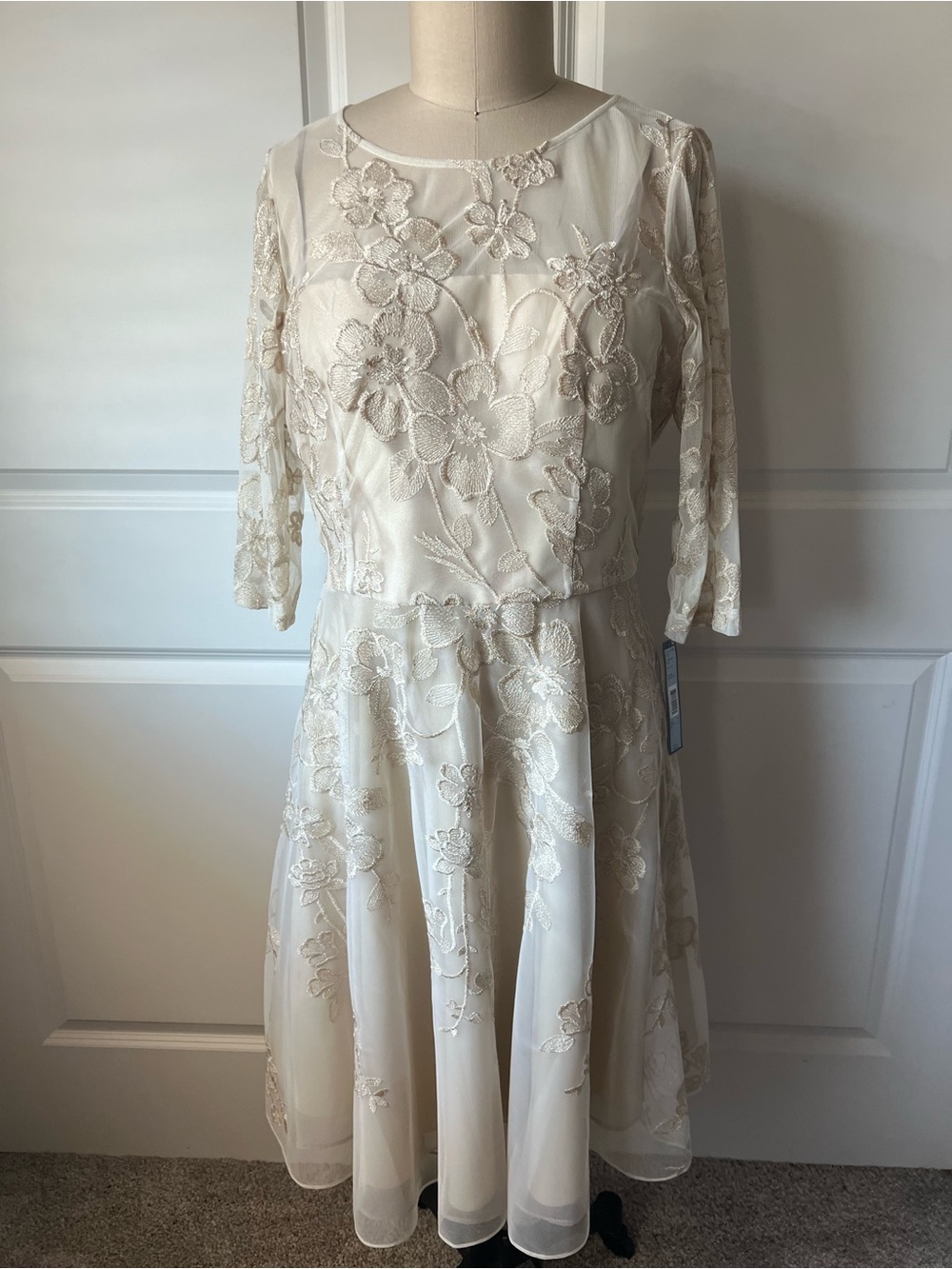 Tahari ASL Ivory Floral Embroidered Midi Dress with Sheer Overlay